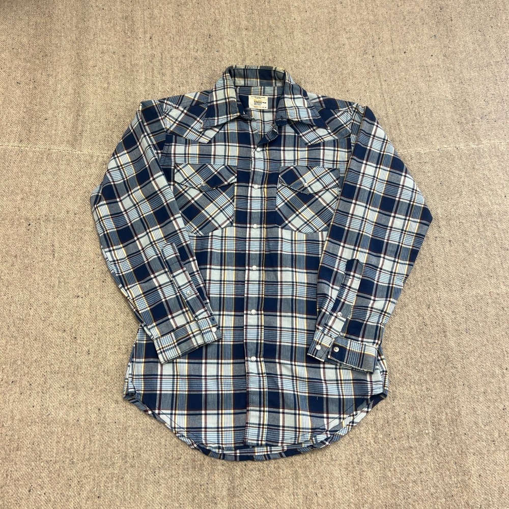 vintage Big Mac Button Up Shirt Mens Medium‎ Blue 1960s Plaid Pearl Snap western